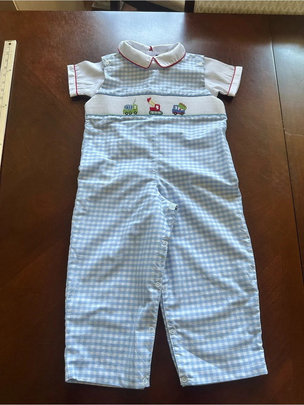 Classic Blue Gingham Smocked Train Romper - Kids Matching Set Vintage smocking